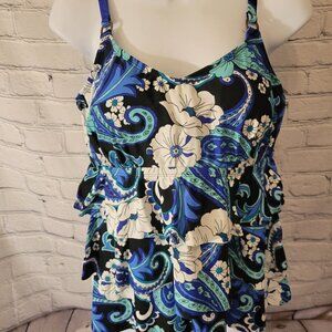 Island Escape Plus Size Printed Tiered Underwire Tankini Top- Black/Blue Multi